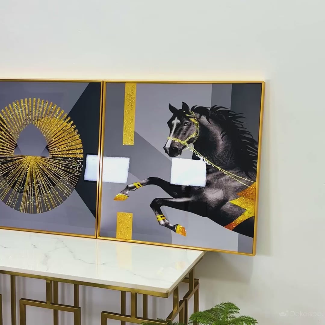 Golden Gallop – Framed Crystal Glass Horse Art Set of 3