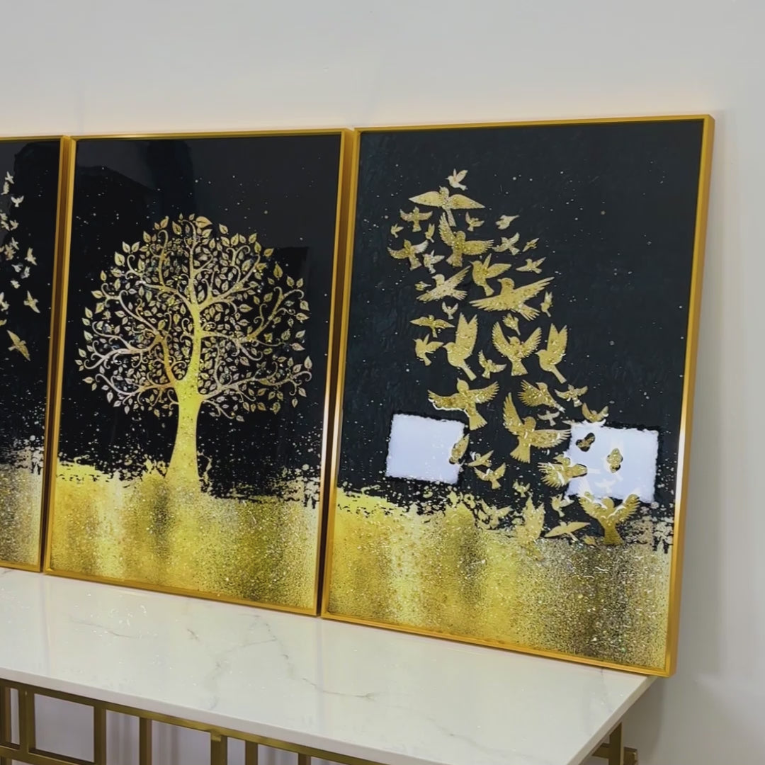 Golden Tree & Birds Framed Crystal Glass Painting Set of 3