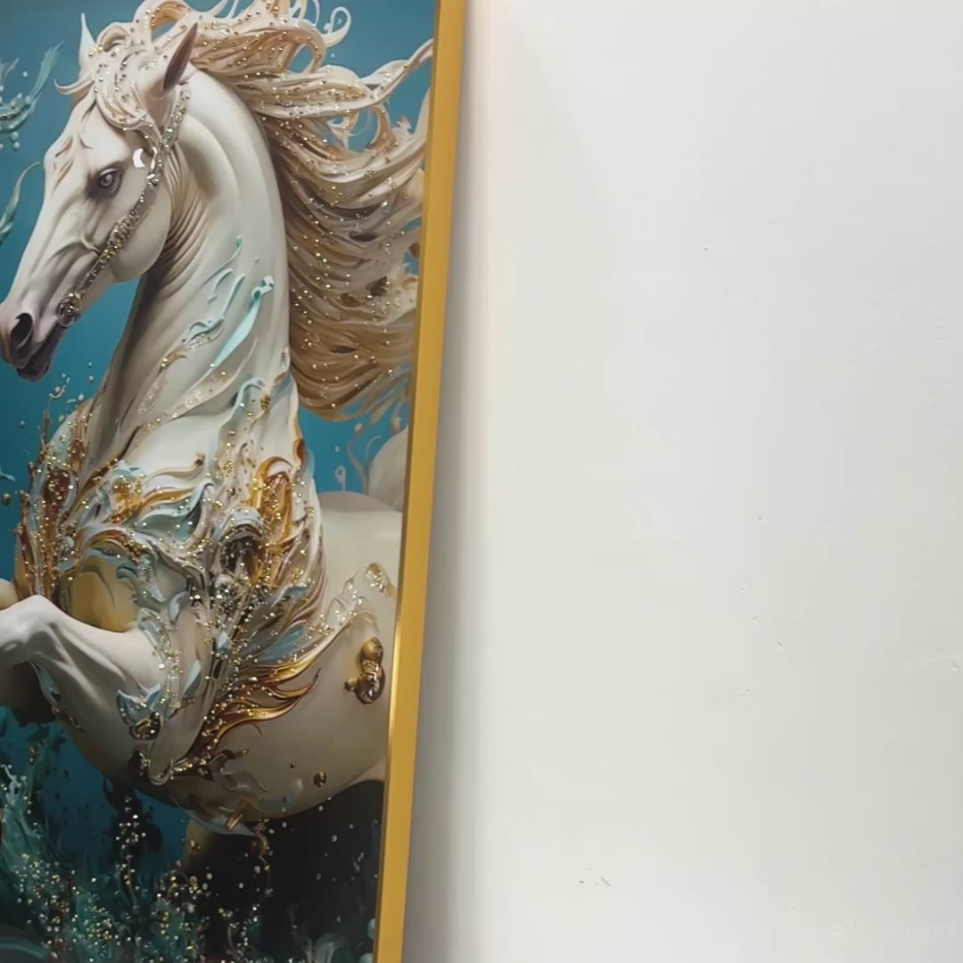 Majestic White Stallion Framed Crystal Glass Painting