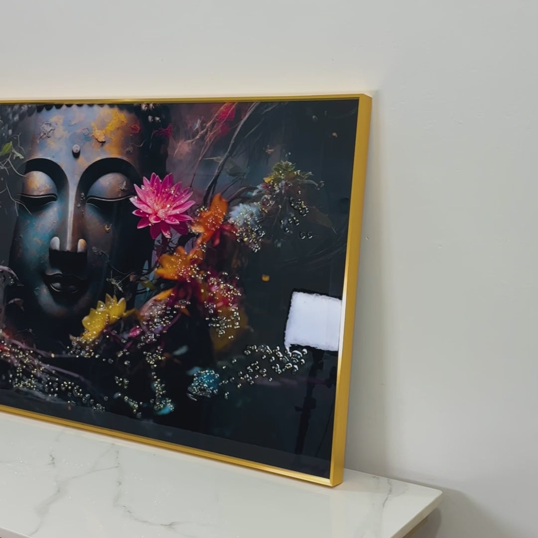 Buddha in Blooms Framed Crystal Glass Painting