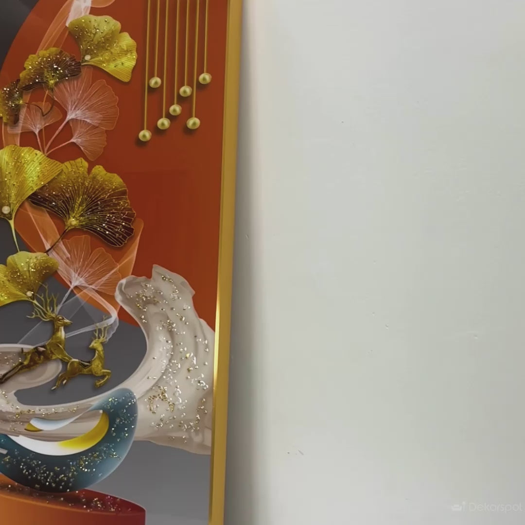 Golden Deer & Ginkgo Dreamscape Framed Crystal Glass Painting