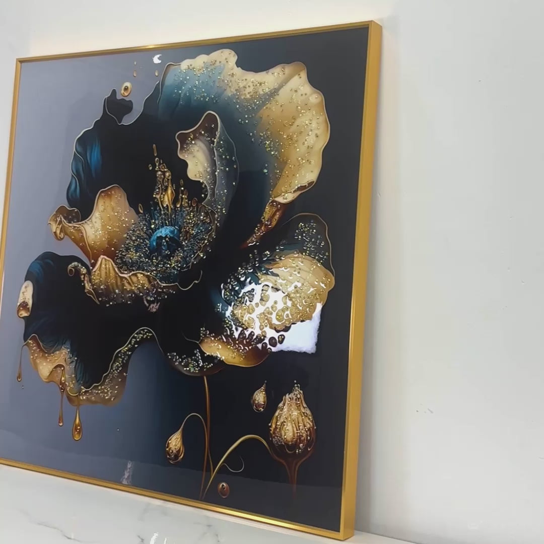 Midnight Bloom Crystal Glass Painting with Gold Highlights