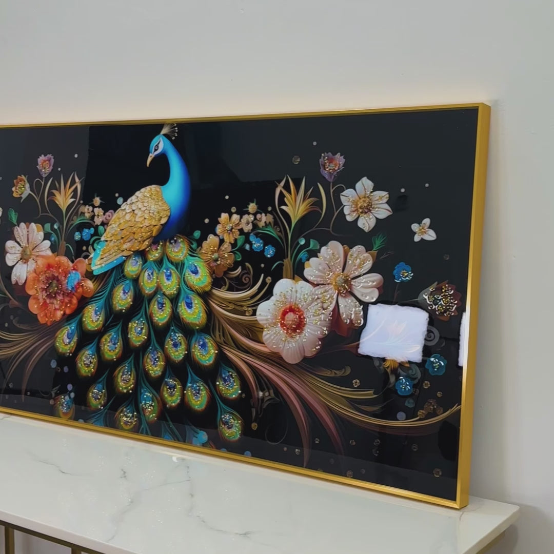 Garden of Peacock Beauty Framed Crystal Glass Painting