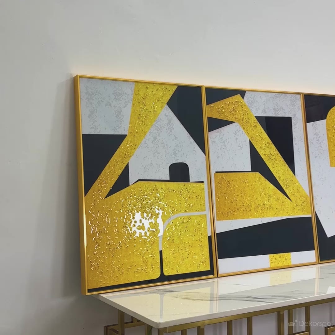 Modern Gold Bold Geometric Crystal Glass Painting (Set of 3)