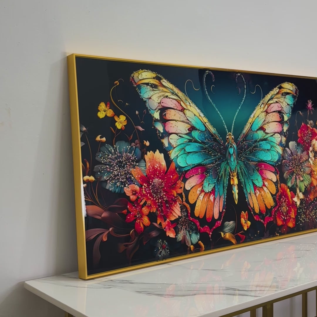 Wings of Floral Butterfly Framed Crystal Glass Painting