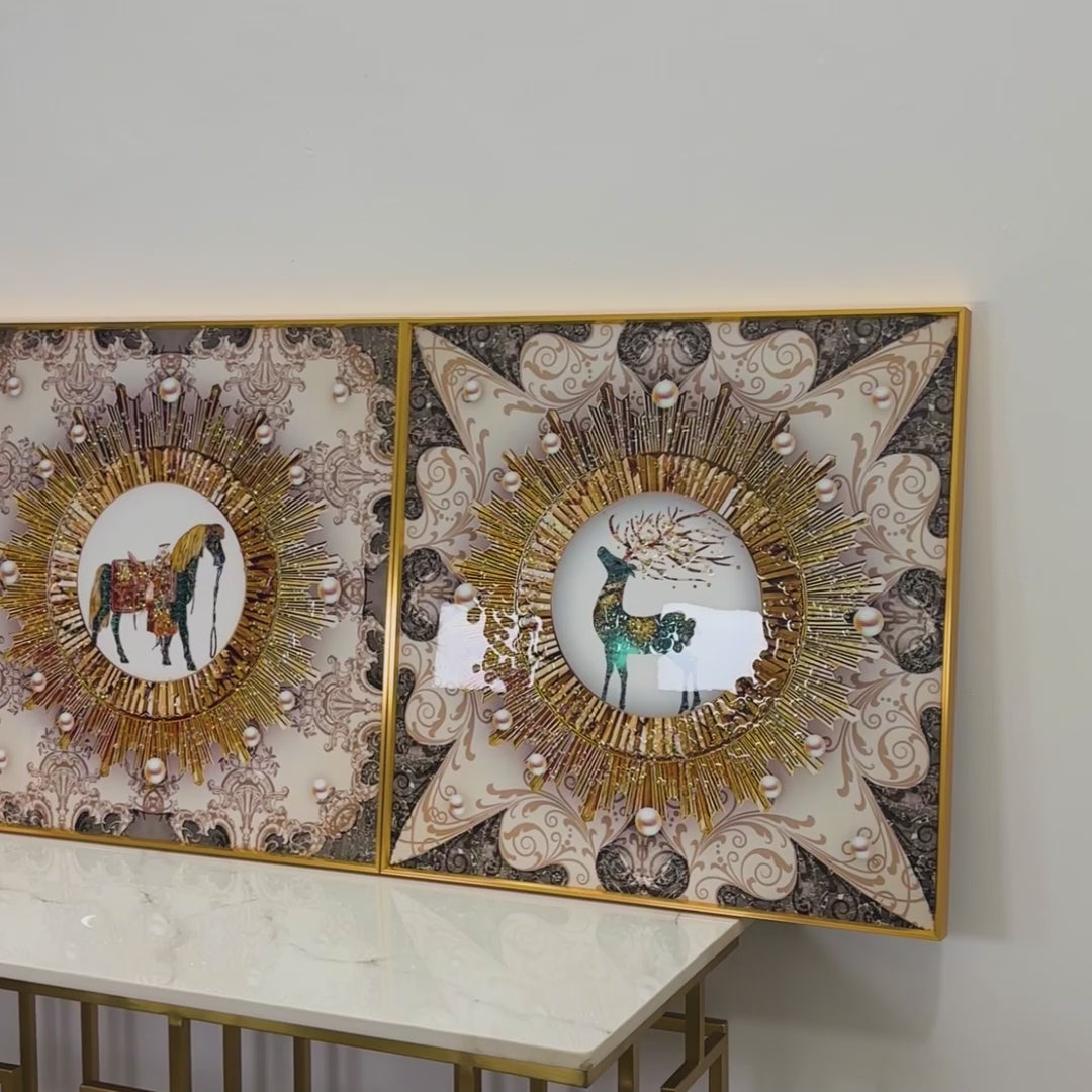 Royal Wild Family Horse Framed Crystal Glass Set of 3 Painting