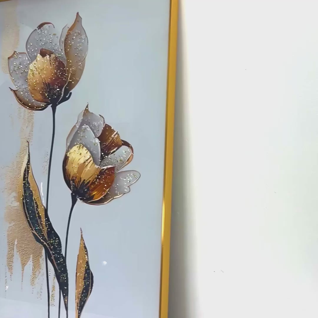 Modern Abstract Metallic Tulip Wall Art Framed | Crystal Glass Painting