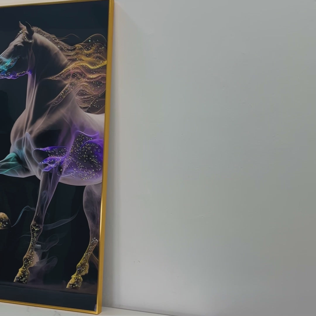 Unicorn with His Fire Horse Framed Crystal Glass Painting