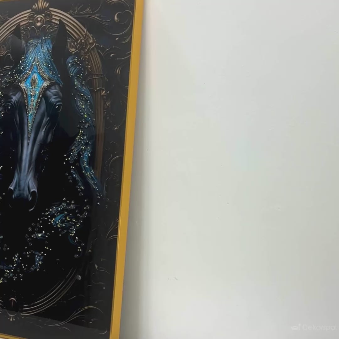 Royal Knight Dark Horse Metallic Framed Crystal Glass Painting
