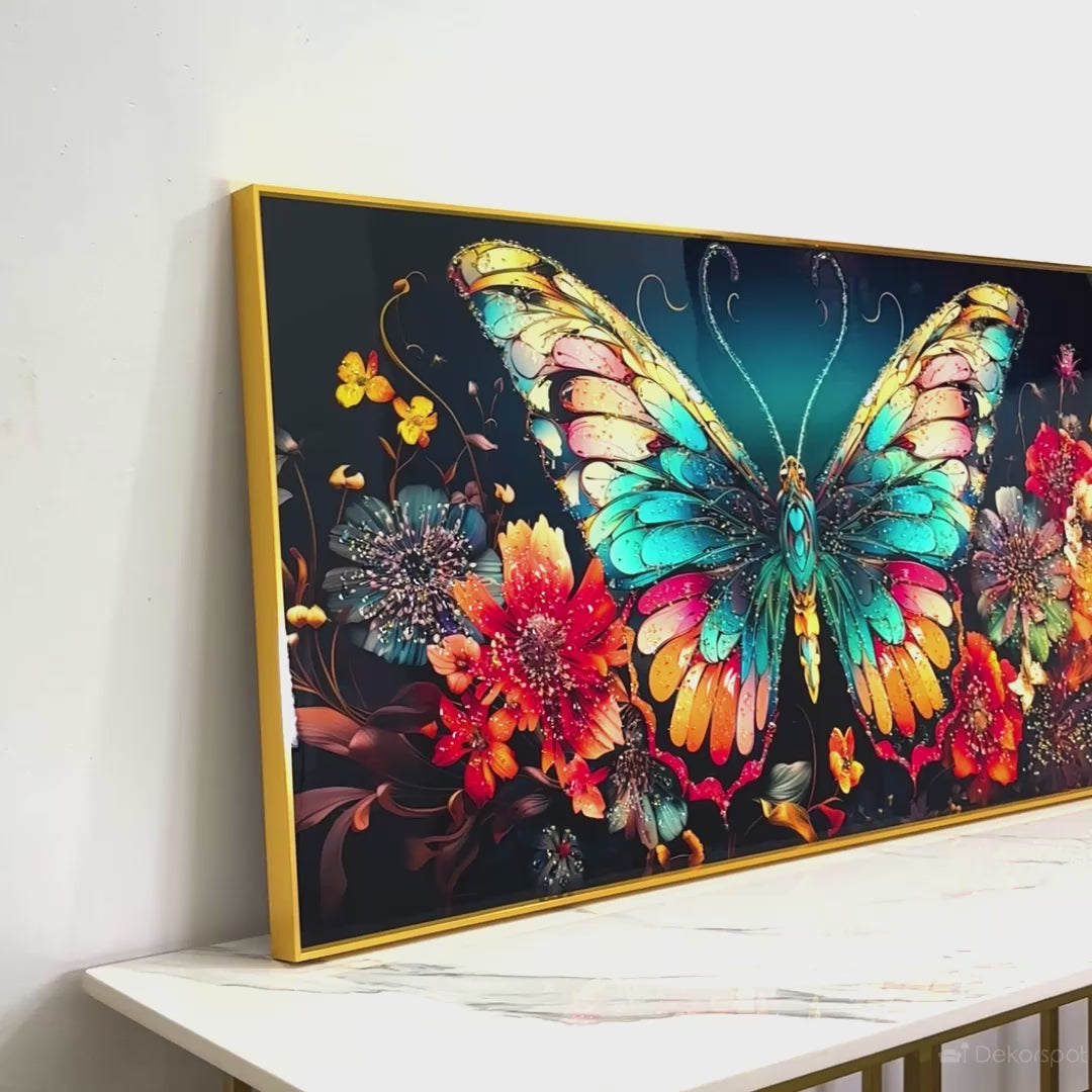 Floral Symphony Butterfly Crystal Glass Painting in Vibrant Botanical Hues