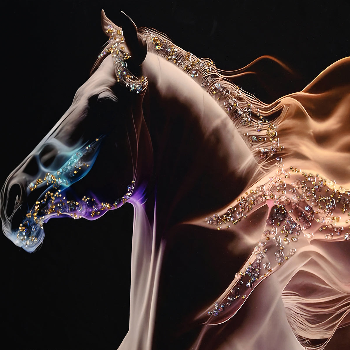 Unicorn with His Fire Horse Framed Crystal Glass Painting